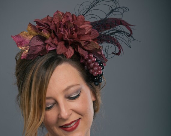 Vineyard Wine Purple Grape Headpiece Southwestern Carnevale Bacchus Dionysus Greek Goddess Boho Flower Fascinator Flower Burgundy Headdress
