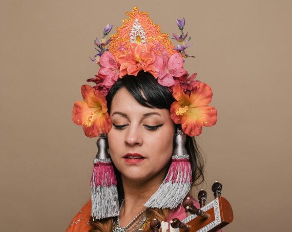 Indian Thai Belly Dance Rave Headdress Orange Pink Golden Purple Hindu Flower Crown Floral Lakshmi Parvati Exotic Goddess Headpiece Tassel