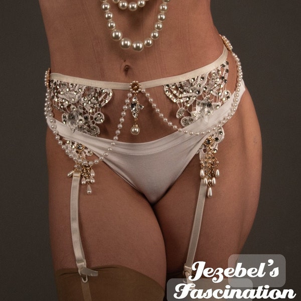 Burlesque Pearl Lace Thigh High, Wedding Bridal Garter Belt, White Guipure Glam Lingerie, Under Garment, Golden Romantic Art Nouveau Crystal