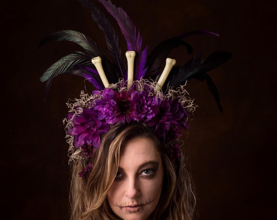 Voodoo Flower Crown Purple Tiki Jungle Moss Headdress Tropical Black Sacred Magic Cannibal Gothic Festival New Orleans Feathers Headpiece