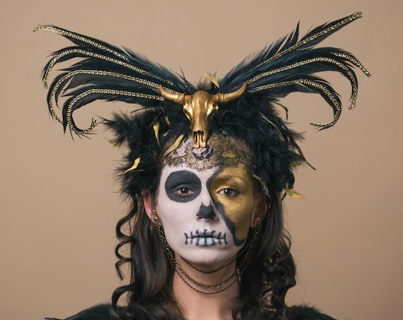 Golden Calf Juju Voodoo Aztec Headdress Taurus Gold Sacred Black Feather Headpiece Cow Skull Costume Headwear Gris Gris New Orleans Laveau