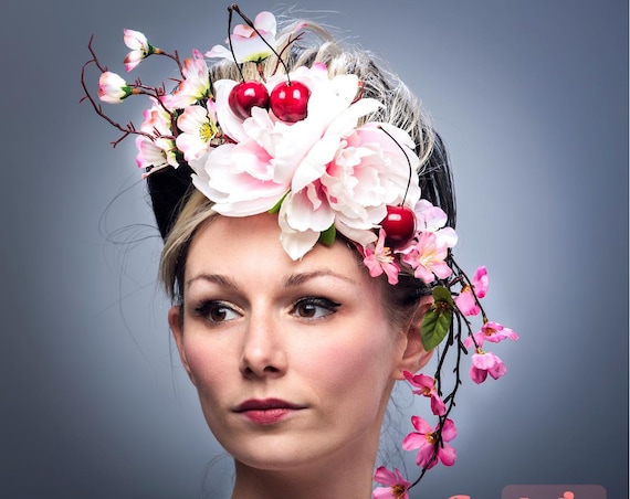 Pink Cherry Blossom Floral Fascinator Ascot Rococo Hatinator Red Cherries Derby Head piece Hand Made Carnevale Headdress Garden Tea Party