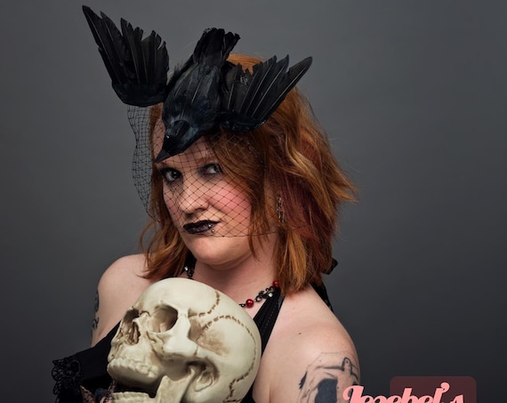 Never More Raven Gothic Crow Feather Headdress Vampire Black Magic Bird Veil Fascinator Wicked Poe Hatinator Halloween Headpiece Funeral