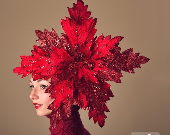 Huge Red Glitter Poinsettia Fascinator Giant Winter Headpiece Tacky Ugly Christmas Sweater Headdress Large Quirky Yule Party Hair Flair