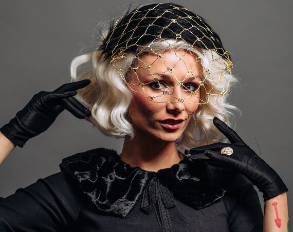 Glamorous Fur Veil Starlet Fascinator Black Gold Movie Star Silver Red Hatinator Glam Vintage Retro Headpiece Fancy 1940s 1950s