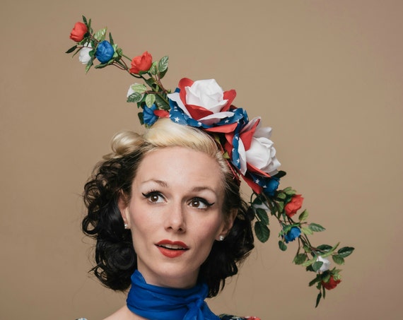 Red White Blue Rose Fascinator 4th of July Stars Horse Derby Hatinator Hair Flower Patriotic Headpiece Summer Pin up Fourth Headdress