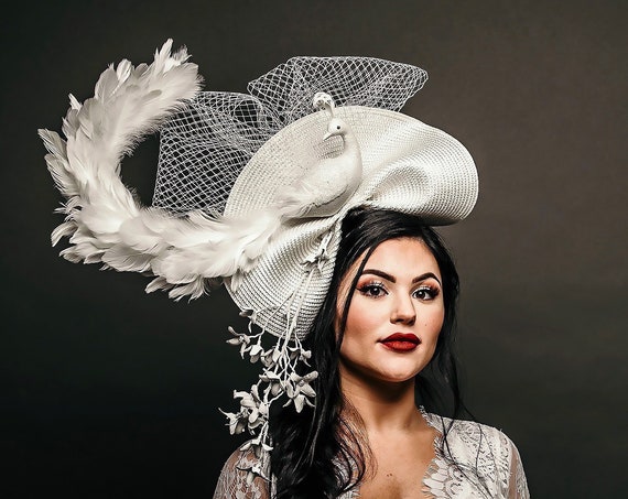 White Peacock Feather Fascinator Garden Party Ethereal Headpiece Wedding Ethereal Ghost Bridal Tea Party Veil Alabaster Flower Branch