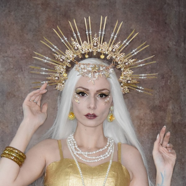 Golden Mermaid Crown, Sea Shell Pearl Halo, Majestic Siren Queen Empress Costume Headband, Headdress Fantasy Goddess Headpiece Calypso Ocean