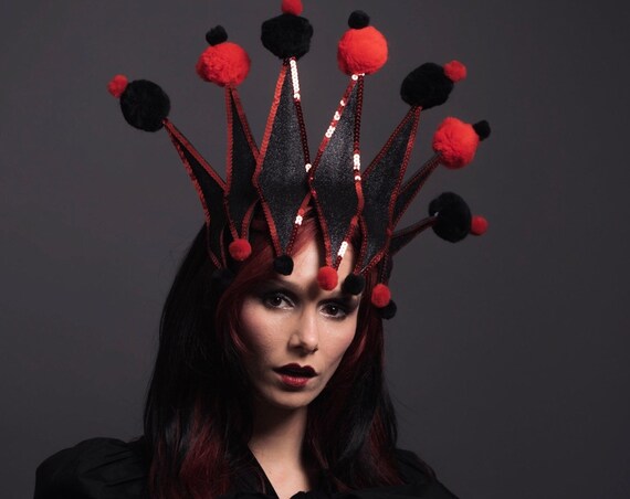 Harley Quinn Nerdlesque Jester Headdress Red Black Pom Pom Costume Dark Headpiece Cosplay Villain Clown Kuitou Chinese Theater Dance Comic