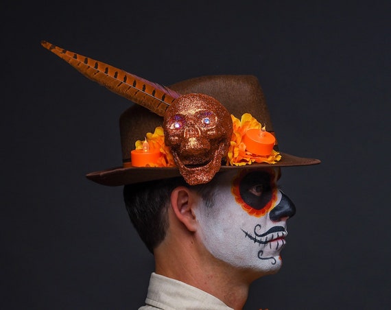 Brown Orange Fedora Skull Dia de los Muertos Cempazuchitl Feather Skull Day of the Dead Hat Mens Light Up Cempasuchil Costume Halloween