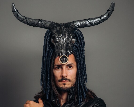 Monster Dreadlocks Bull Skull Headdress Celtic Viking Beast Costume Gothic Horn Blue Black Silver Grey Demon Gray Headpiece Halloween Bovine