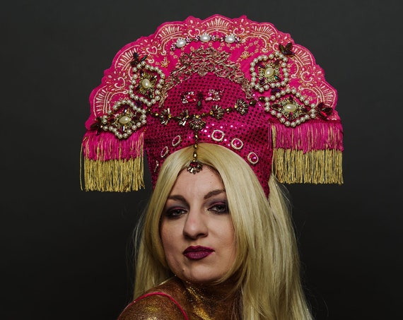 Pink Golden Costume Headdress Carnevale Wild Dance Burlesque Queen Rave Fan Headpiece Gypsy Boho Theater Indian Festival Crown Asian Empress