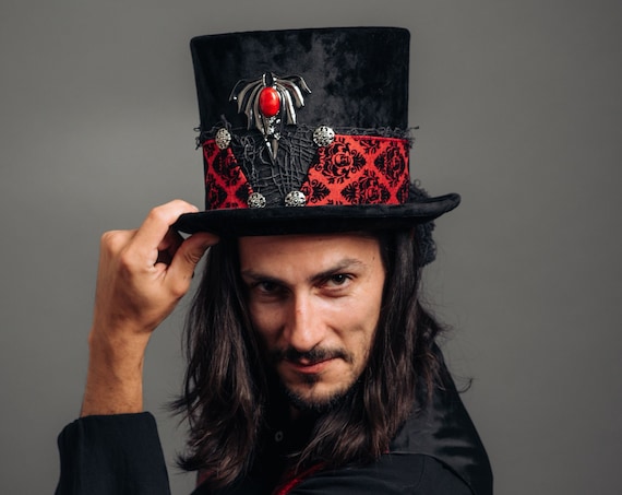 Vampire Mens Velvet Top Hat WGT Victorian Weeper Funeral Costume Gothic Cryptic Dark Black Red Bat Skull Masquerade Underground Ring Leader