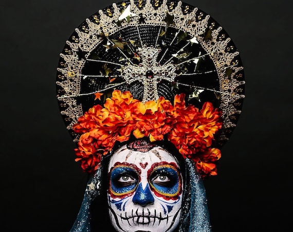 Day of Dead Dia de Muertos Virgin Mary Halo Saint Orange Flower Crown Cempazuchitl Blue Veil Gold Stars Light Headpiece Headdress Mantilla