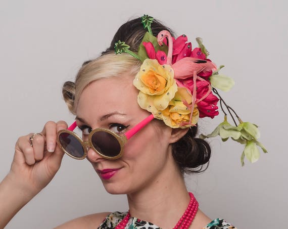 Tiki Luau Tropical Flamingo Fascinator Beach Hair Flower Summer Party Hula Headpiece Pink Yellow Mint Palm Tree Oasis Pin Up Hawaiian