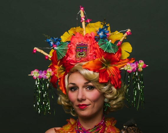 Tiki Bamboo Floral Light Up Headdress Flamingo Chain Kanzashi Headpiece Oasis Flower Crown Polynesian Caribbean Asian Luau Tropical Colorful
