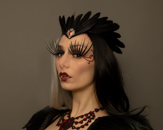 Morrigan Black Raven Goddess Succubus Demon Crown WGT Gothic Feather Samhain Headdress Queen Vampire Mistress Costume Crone Witch Headpiece