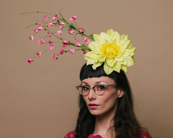 Bright Yellow Dahlia Pink Hair Flower Dapper Day Hat Spring Summer Horse Race Show Headpiece Derby Floral Fascinator Melbourne Ascot Party