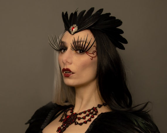 Black Crow Medieval Renaissance Crown Fantasy Goth Feather Samhain Headdress Raven Fairy Fantasy Costume Empress Art Nouveau Dark Headpiece