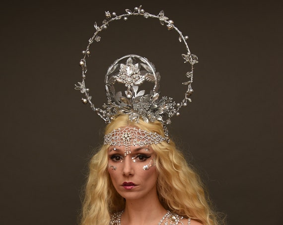 Silver Oracle Woodland Witch Headdress Mystical Empress Crystal Pagan Hierophant High Priestess Wiccan Crown Moon Goddess Costume Headpiece