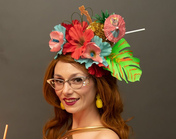 Pineapple Tiki Hair Flower Cocktail Swizzle Aqua Peach Pink Blue Orange Monstera Neon Fruit Hukilau Oasiss Facinator Headpiece Tropical Luau