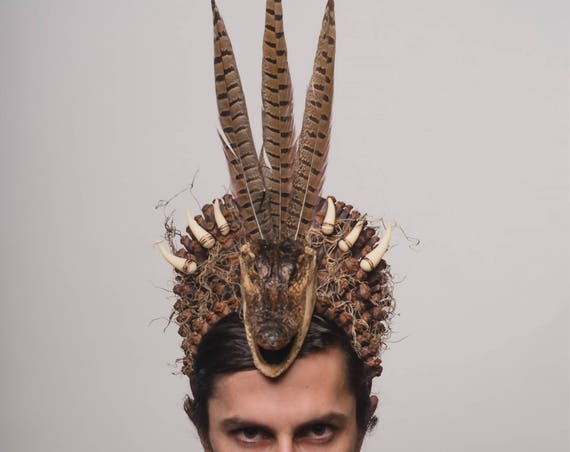 Alligator Swamp Monster Voodoo Headpiece Reptile Shaman Crocodile Sacred Headdress Spanish Moss Teeth Pinecone Jungle Juju Rougarou