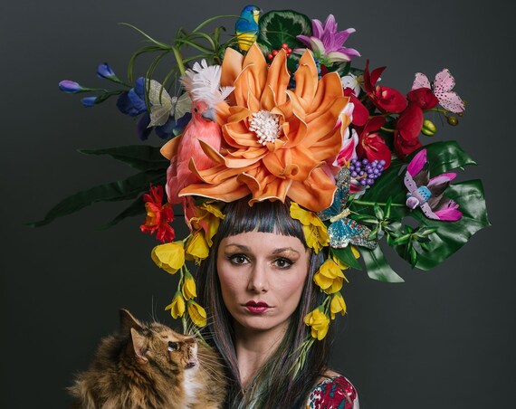 Jungle Rain Forest Tiki Caribbean Headpiece Luau Tropical Butterfly Cockatoo Flower Bird Headdress Festival Carnivale Goddess Paradise Queen