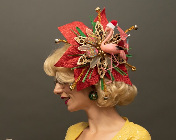 Tacky Christmas Tiki Flamingo Kitschmas Fascinator Jungle Belles Santa Hat Leopard Headpiece Poinsettia Hair Flower Holiday Party Tikimas