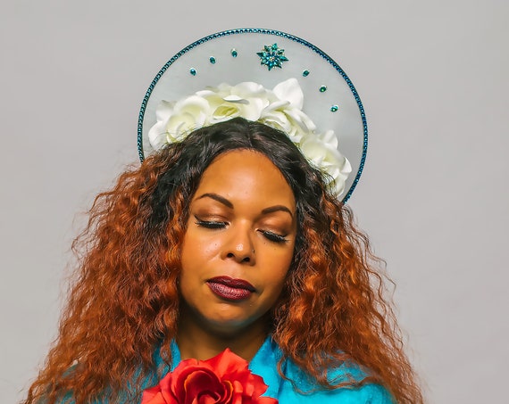 Virgin Mary Halo Silver Blue Madonna Saint Headpiece White Rose Flower Crown Our Lady Guadalupe Aqua Costume Celestial Mother Headdress