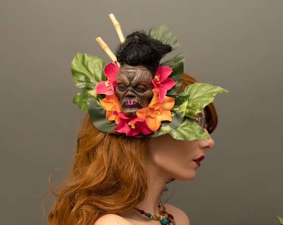 Shrunken Head Voodoo Gothic Tiki Palm Headdress Shaman Witch Doctor Bones Oasis Costume Headpiece Tribal Jivaro Indians Amazon Hukilau