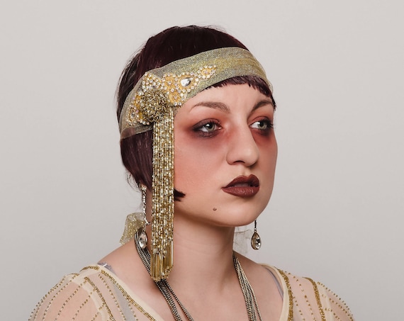 Golden Flapper 1920s Gatsby Headpiece Beaded AB Crystal Tassel Headband Large Forehead Band Headwrap Showman Burlesque Costume Headdress