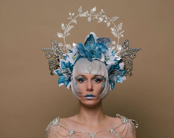 Winter Woodland Queen Rave Fairy Head Piece Ice Blue Silver Pixie Wings White Crown Festival Carnevale Floral Headdress Frosty Snow Goddess