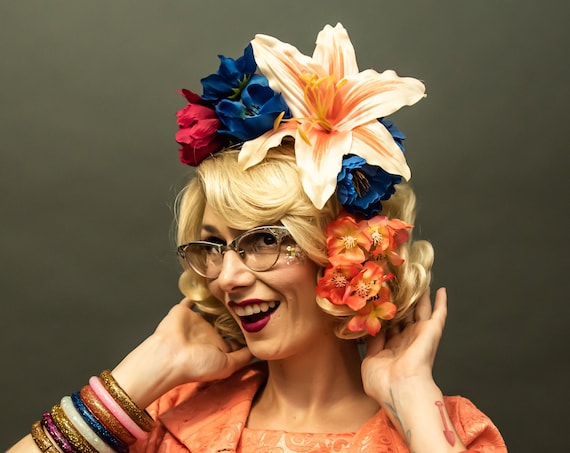 Peach Blue Burgundy Hair Flower Tiki Pin Up Fascinator Hukilau Berry Magenta Floral Headpiece Lily Tropical Oasis Hawaiian Derby Garden Tea