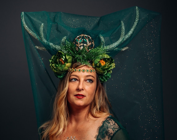 Green Woodland Deer Antlers Druid Veil Headdress Golden Renaissance Faerie Empress Wild Brigid Flower Crown Artemis Goddess Nature Costume