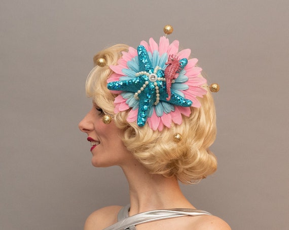 Mermaid Pinup Atomic Hair Flower Blue Tiki Oasis Starfish Pink Seahorse Gold Fascinator Quirky Novelty Siren Sea Nymph Headpiece Hukilau
