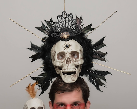 Cannibal Aztec Tribal Crow Skull Shaman Headdress Feather Voodoo Headpiece Bird Sun Hoodoo Warrior Costume Juju Spike Raven Carnivale