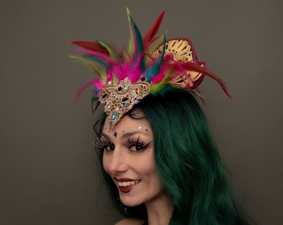 Ganesha Indian Belly Dance Rave Headdress Rainbow Golden Hindu Feather Crown Goddess Headpiece Carnevale Mardi Gras Queen Empress Burlesque