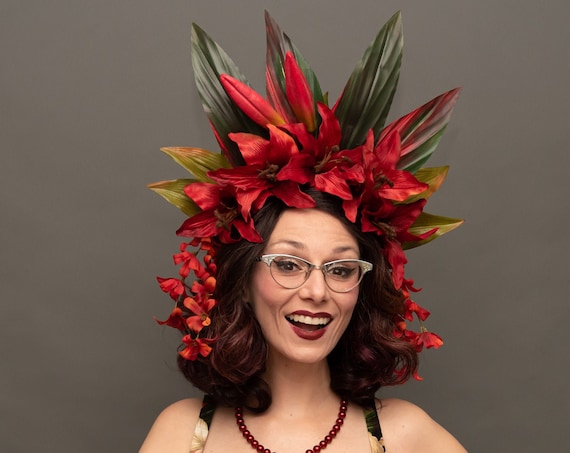 Tiki Noir Red Fire Pele Headdress Tropical Gothic Flower Crown Garden Hukilau Oasis Headpiece Dark Lily Flame Pinup Polynesian Goddess Queen