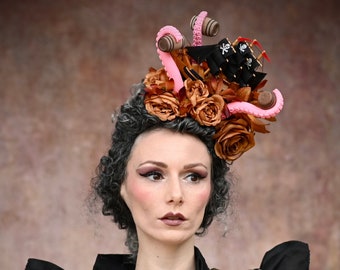 Rum Mini Pirate Ship Fascinator, Kraken Octopus Tentacles Barrels Headpiece, Captain Buccaneer Wench Floral Rose Boat Tiki Miniature Rococo