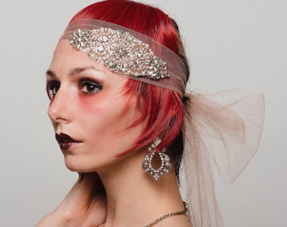 Rose Gold Flapper 1920s Pearl Gatsby Headpiece Blush Beaded Crystal Headband Showman Forehead Band Large Gem Head Wrap Costume Headdress