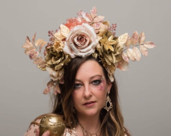 Aphrodite Rose Flower Crown Bohemian Blush Golden Halo Rave Headdress Large Pink Drag Queen Carnivale Goddess Boho Slavic Festival Headpiece