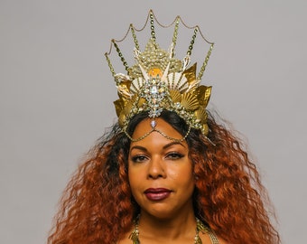 Golden Mermaid Crown, Sea Shell Pearl Maternity Headpiece, Majestic Siren Queen Empress Costume, Headdress Burlesque Fantasy Goddess Calypso
