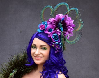 Peacock Feather Fascinator, Teal Rose Floral Headpiece, Spring Derby Horse Flower Burlesque Hand Made Hatinator, Dahlia Summer Summer Autumn