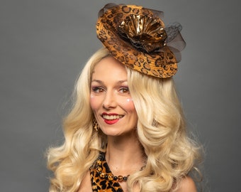 Leopard Gold Veil Formal Hat Animal Print Dapper Day Fascinator Pin Up Gold Flower Headpiece Wedding Garden Tea Party Brown Birdcage Veil