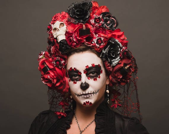 Day of the Dead Catrina Head piece Red Black White Roses Crown Skull Costume Dia de los Muertos Headdress Lace Veil Mantilla Candle Web