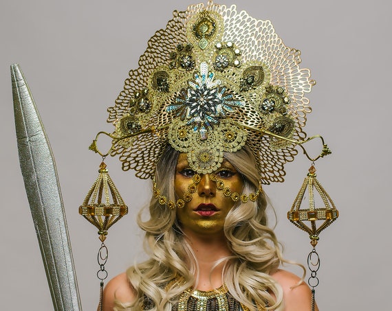 Libra Lady Justice Golden Goddess Costume Headdress Legal Scales Zodiac Headpiece Bohemian Dance Rave Drag Queen Greek Ammut Roman Justitia