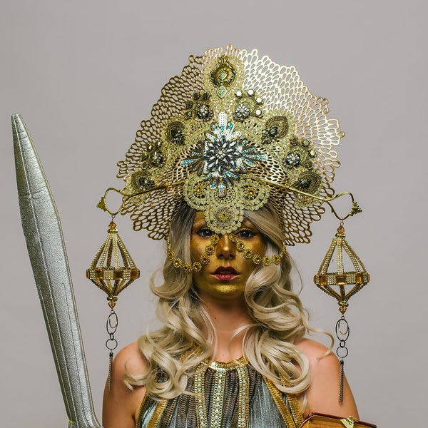 Libra Lady Justice Golden Goddess Costume Headdress Legal Scales Zodiac Headpiece Bohemian Dance Rave Drag Queen Greek Ammut Roman Justitia