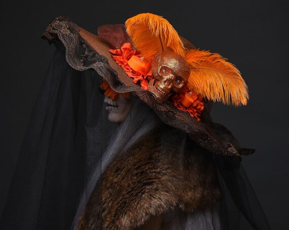Catrina Day of the Dead Dia de los Muertos Floppy Hat Brown Skull Cempazuchitl Marigold Veil Orange Flower Candle Light Up Costume Halloween