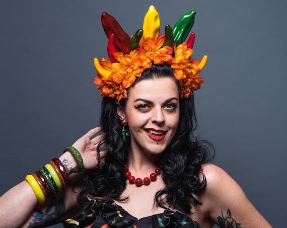 Pepper Spicy Fire Headpiece Hot Louisiana Havana Latin Mexico Cinco de Mayo Dahlia Flower Crown Mardi Gras Red Orange Yellow Green Headdress