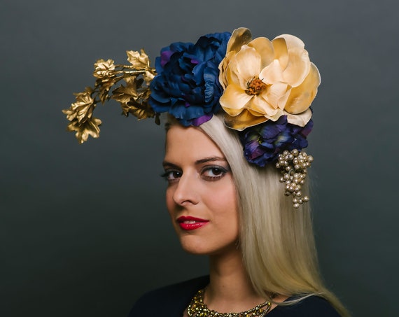Golden Navy Blue Floral Headpiece Boho Dapper Day Southwestern Roses Fall Fascinator Magnolia Derby Peony Flower Hatinator Maple Branches